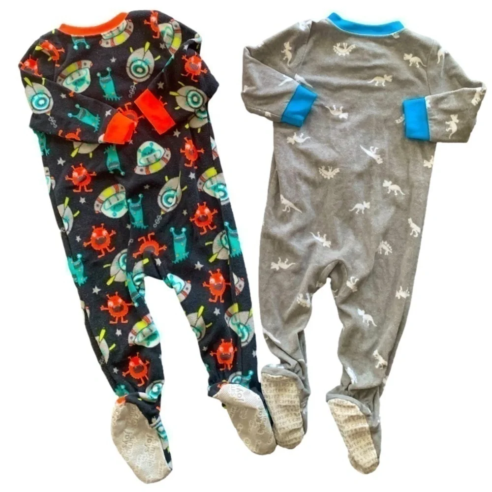 Carter’s Bundle of 2 Dinosaurs Space Fleece Footsie Onesies Size 12mos